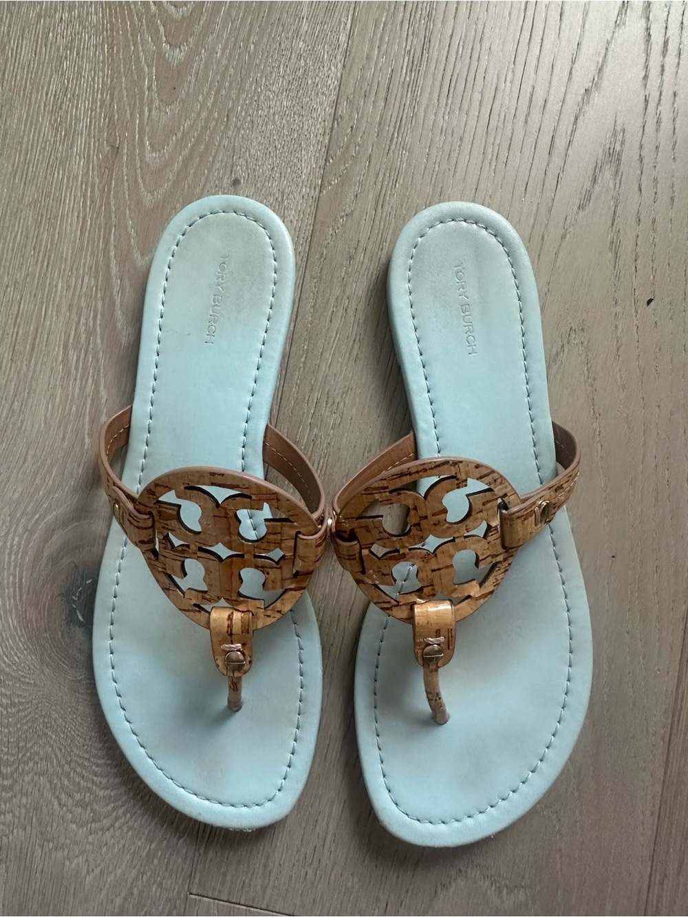 Tory Burch Light Blue Footbed Cork Logo Thong Sandals